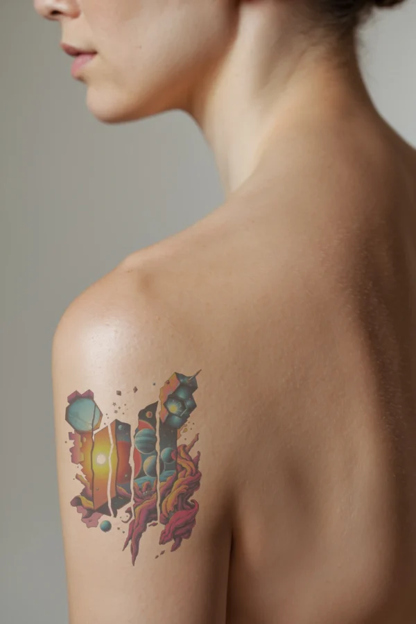 A temporary temporary tattoo on a person's shoulder features a vibrant, space-themed design. The focal point is a large, cracked rectangular portal divided into three sections: the left in blue and orange, the middle in orange and blue, and the right in orange and