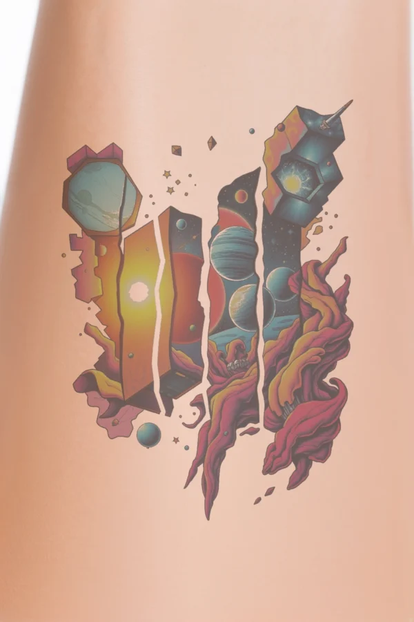 A vibrant temporary temporary tattoo design featuring a space-themed scene centered around a large rectangular portal with a cracked appearance. The portal is divided into three sections: the left with blue and orange, the middle with orange and blue, and the right with orange and pink