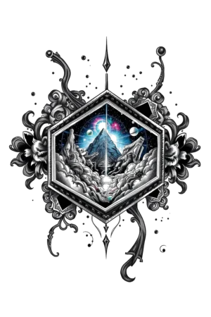 Temporary tattoo featuring a symmetrical design within a hexagonal frame. The intricate patterns include floral motifs and geometric elements. At the center, a stylized mountain range with a prominent peak is depicted in shades of gray and black, complemented by a subtle hint of