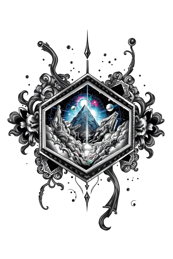 Temporary temporary tattoo featuring a symmetrical design within a hexagonal frame. The intricate patterns include floral motifs and geometric elements. At the center, a stylized mountain range with a prominent peak is depicted in shades of gray and black, complemented by a subtle hint of