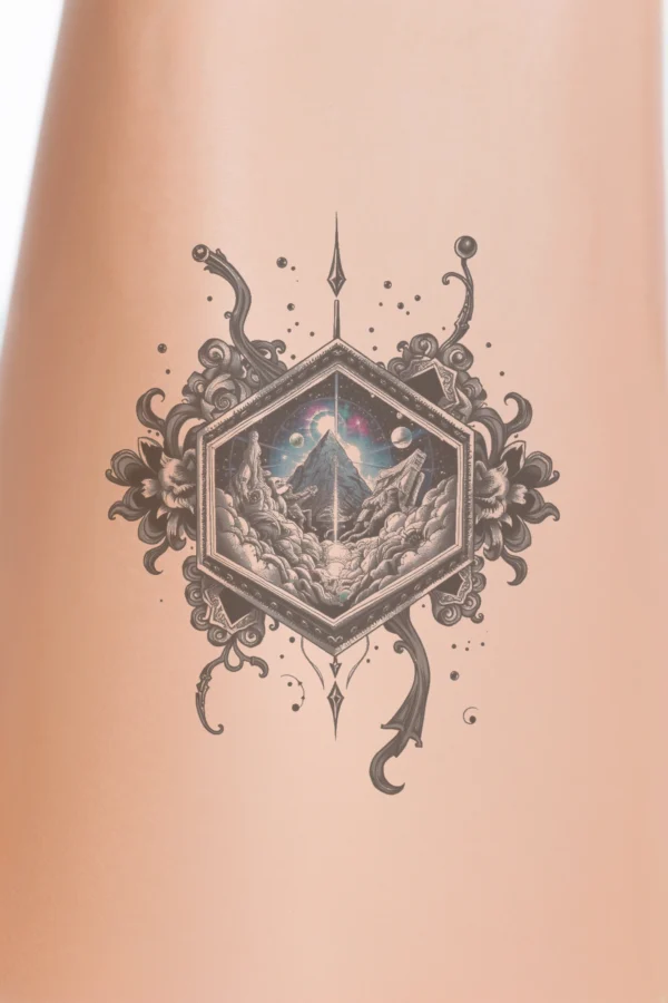 A temporary temporary tattoo featuring a symmetrical design within a hexagonal frame. The frame showcases intricate floral and geometric patterns. At the center, a mountain range with a prominent peak is illustrated in shades of gray and black, accented by a touch of blue in the