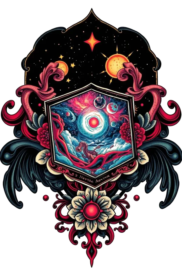 A temporary temporary tattoo design featuring a vibrant mandala-inspired pattern. At the center, a large hexagonal frame displays a swirling design in black, red, and gold. Inside, a celestial scene includes a red planet, a white sun, and several smaller