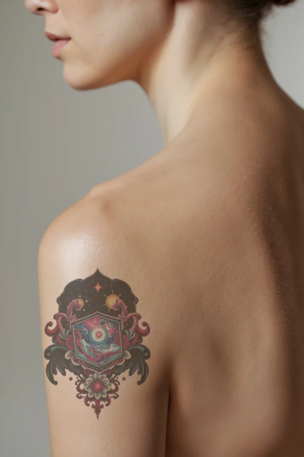 A temporary temporary tattoo displayed on a person's shoulder features a detailed mandala-inspired design. The central element is a large hexagonal frame with intricate swirling patterns in black, red, and gold. Inside, a celestial scene showcases a vivid red planet, a white