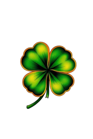 A vibrant temporary tattoo design featuring a four-leaf clover, symbolizing Irish heritage. The clover is predominantly green, with four distinct, symmetrical leaves, while the stems are a striking orange, creating a bold contrast. Positioned centrally against a stark