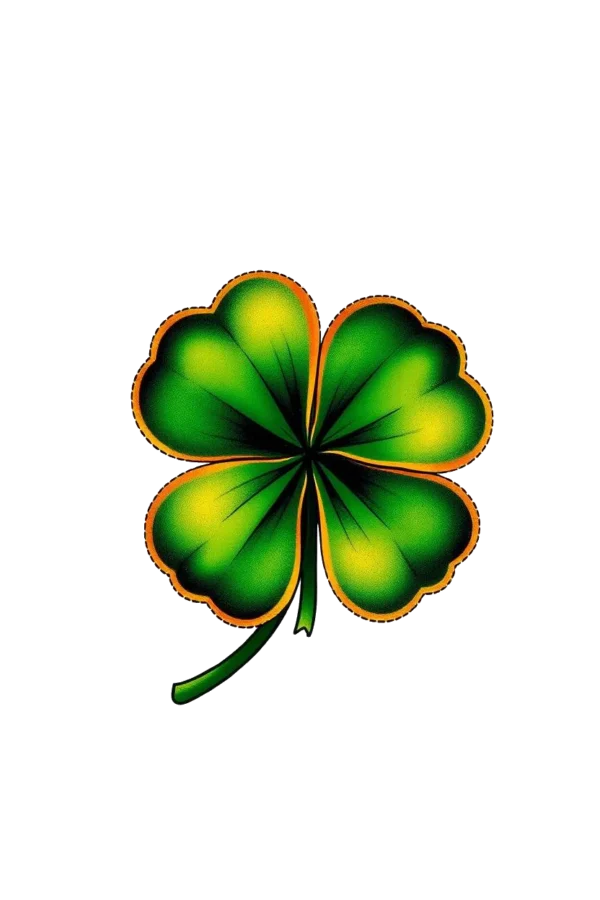 A vibrant temporary temporary tattoo design featuring a four-leaf clover, symbolizing Irish heritage. The clover is predominantly green, with four distinct, symmetrical leaves, while the stems are a striking orange, creating a bold contrast. Positioned centrally against a stark