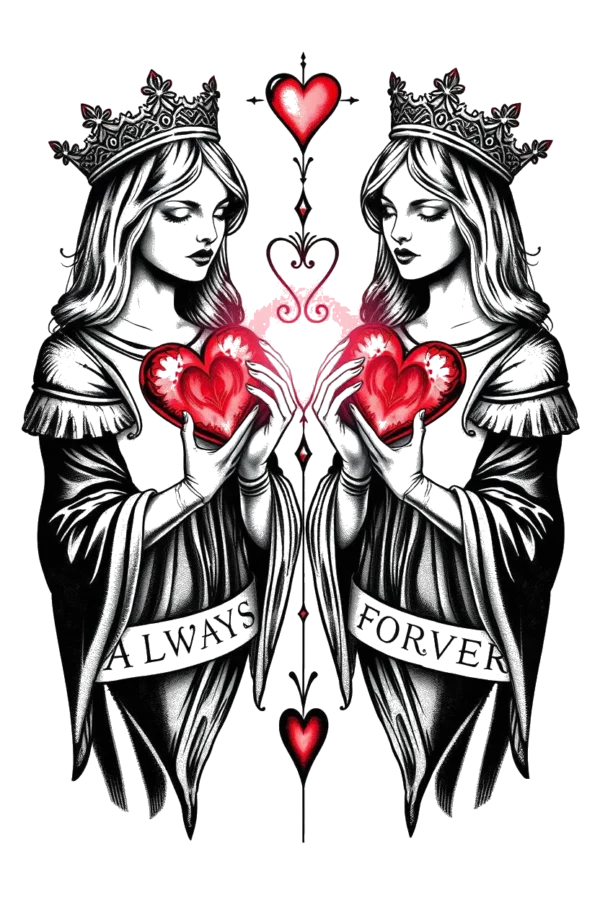 Temporary temporary tattoo design featuring two symmetrical women with elaborate black and white hairstyles and clothing, each wearing an intricately designed crown and holding a radiant red heart. The women are positioned on either side of a central, glowing red heart, with the phrase "Always