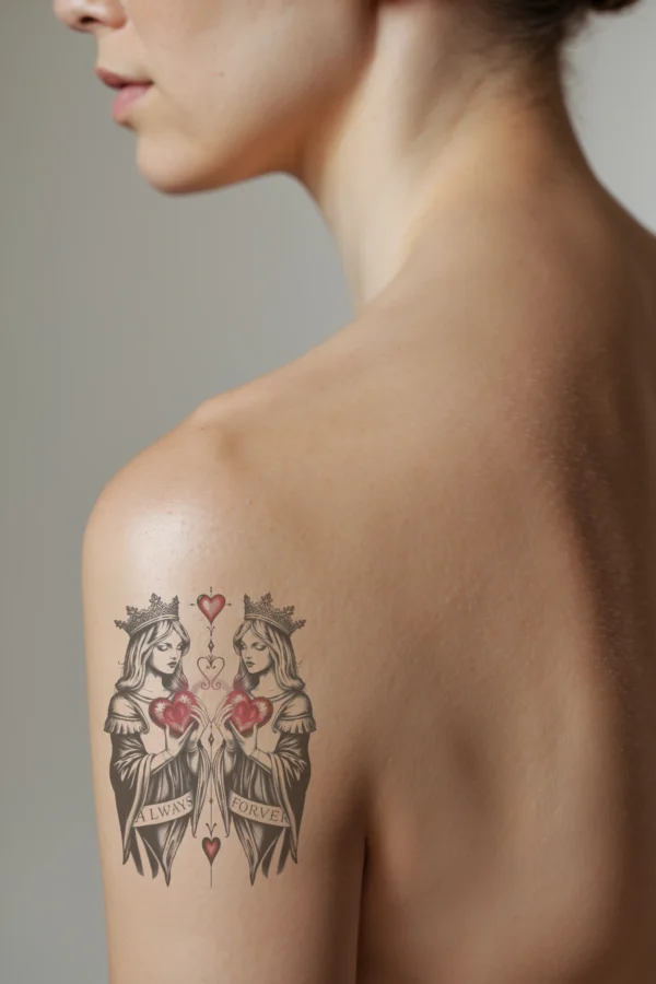 A detailed temporary temporary tattoo on the shoulder features two symmetrical women in profile, each wearing an intricately designed crown and holding a red heart. The women are stylized in black and white, contrasting with the vibrant red of the hearts. A central radiant red