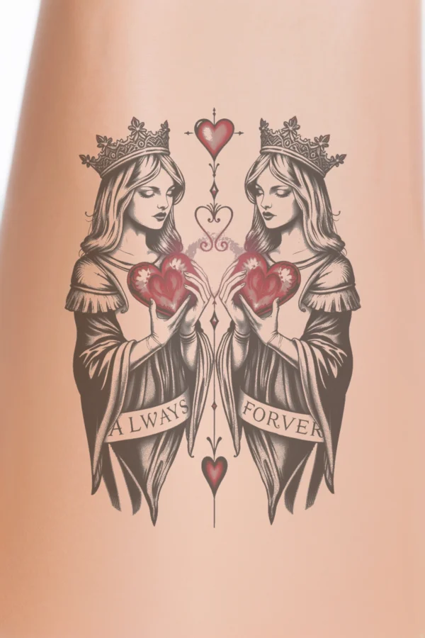 Temporary temporary tattoo design featuring two symmetrical women adorned in crowns, each holding a vibrant red heart. The women are illustrated in a stylized black and white design, with detailed crowns framing their faces. A central, glowing red heart connects them, while the phrase