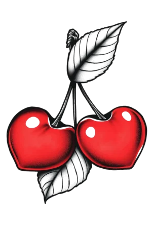 A colorful temporary tattoo design featuring two glossy red cherries with white interiors, surrounded by contrasting black and white leaves. The leaves have a textured look, enhancing the overall depth of the illustration. Set against a clean white background, the design showcases bold lines and