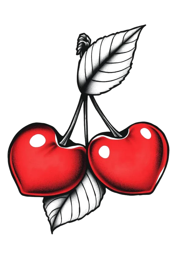 A colorful temporary temporary tattoo design featuring two glossy red cherries with white interiors, surrounded by contrasting black and white leaves. The leaves have a textured look, enhancing the overall depth of the illustration. Set against a clean white background, the design showcases bold lines and