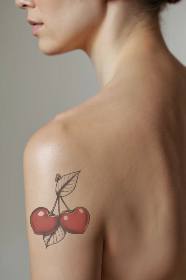 A profile view of a person displaying a vibrant temporary temporary tattoo on their shoulder, featuring two glossy red cherries with white interiors, flanked by striking black and white leaves. The leaves have a textured look, enhancing the design. Set against a stark white background