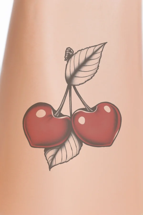 Temporary temporary tattoo design featuring two glossy red cherries with white interiors, positioned on either side of textured black and white leaves. The vibrant cherries and contrasting leaves are set against a stark white background, showcasing bold lines and a traditional temporary tattoo art style.