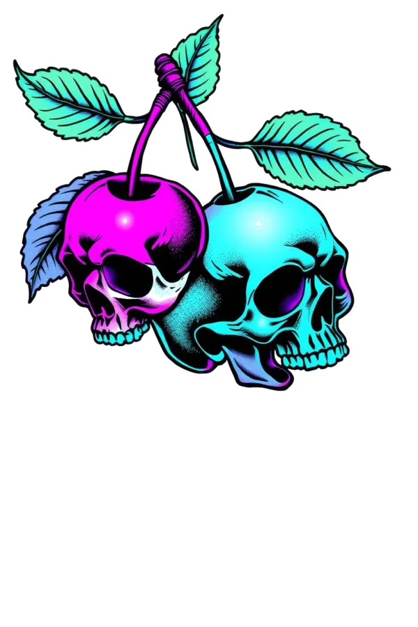 Illustration of two interconnected skulls facing each other, one in deep pink and the other in cool blue. Each skull is decorated with vibrant green leaves, adding a natural element to the design. The bold, graphic temporary tattoo art style features thick lines,