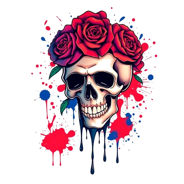A temporary temporary tattoo design featuring a centrally positioned skull adorned with a crown of three vibrant red roses. The skull, shown facing right, has closed eyes and a slightly open mouth, conveying a serene expression. It is depicted in black and white, contrasting with