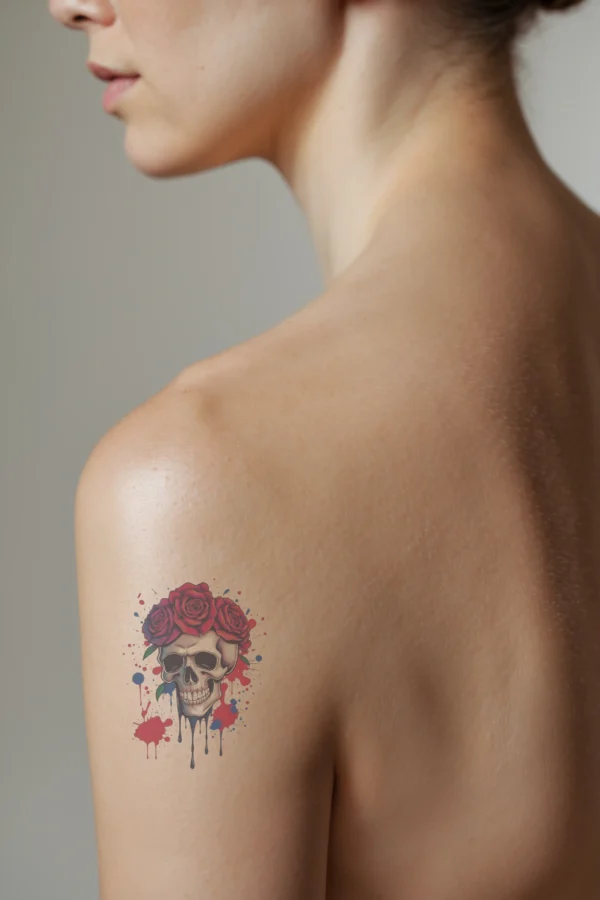 Temporary temporary tattoo design featuring a profile view of a person's shoulder adorned with a striking temporary tattoo of a black and white skull. The skull, facing right, has closed eyes and a slightly open mouth for a serene expression. Crowning the skull are three vibrant red