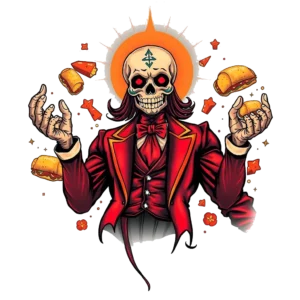 A stylized skeleton figure stands against a light beige background, characterized by a vibrant red and white color scheme. The skeleton wears a red suit jacket and a red bow tie, with its head featuring a prominent red and white symbol. Its arms are out