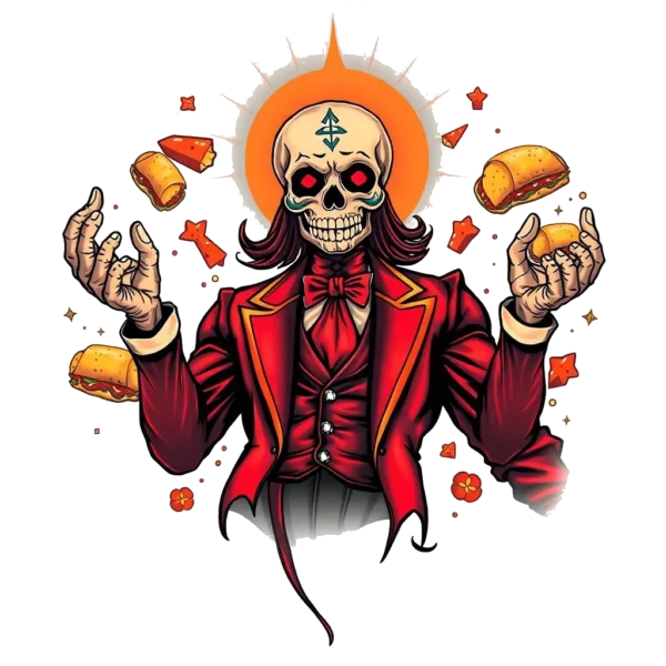 A stylized skeleton figure stands against a light beige background, characterized by a vibrant red and white color scheme. The skeleton wears a red suit jacket and a red bow tie, with its head featuring a prominent red and white symbol. Its arms are out