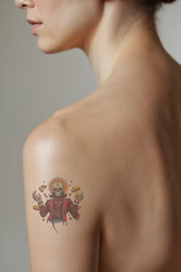 Profile view of a person's shoulder showcasing a temporary temporary tattoo of a stylized skeleton. The skeleton features a red and white color scheme, wearing a red suit jacket and bow tie, with its arms outstretched in a gesture of peace. The head is