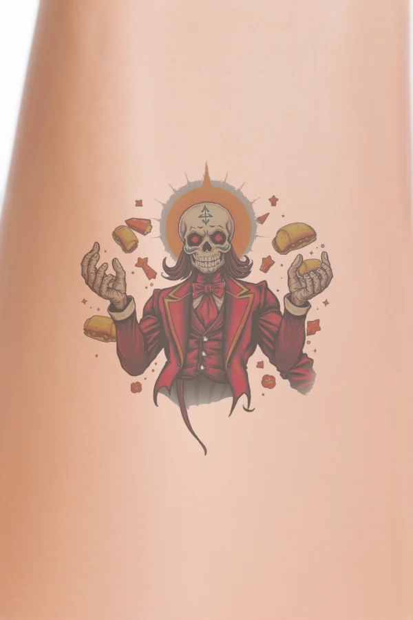 A stylized skeleton figure in a red and white color scheme stands on a light beige background. The skeleton wears a red suit jacket and a red bow tie. Its head features a red and white symbol, while its arms are outstretched in a