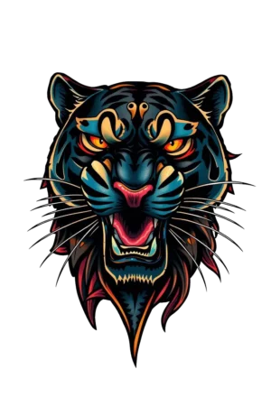 A striking temporary tattoo design featuring a black panther's head facing forward, its mouth open in a fierce roar. The panther's fur showcases bold shades of black and orange, with darker tones around its face and neck. Its intense orange eyes and