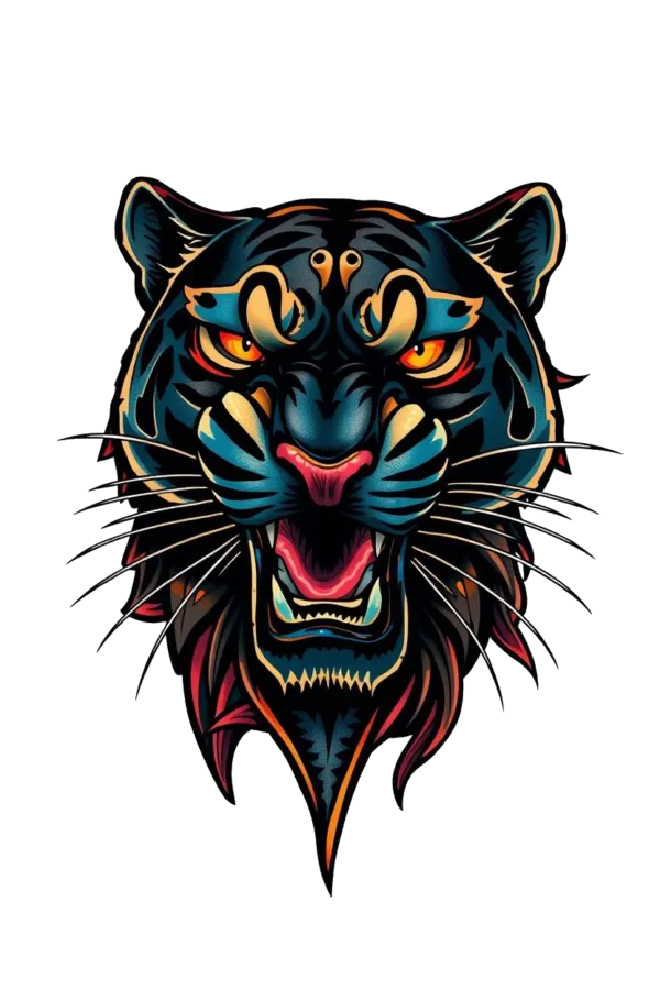 A striking temporary temporary tattoo design featuring a black panther's head facing forward, its mouth open in a fierce roar. The panther's fur showcases bold shades of black and orange, with darker tones around its face and neck. Its intense orange eyes and