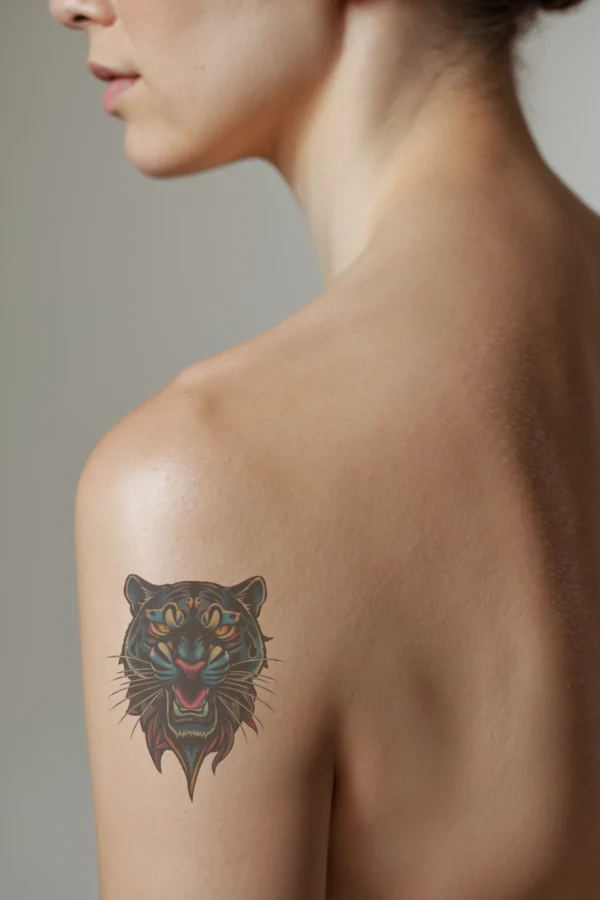 A detailed temporary temporary tattoo on a person's shoulder features a bold illustration of a roaring black panther's head, viewed from the front. The panther is depicted in a blend of black and orange hues, with striking orange eyes and a dark nose. Its