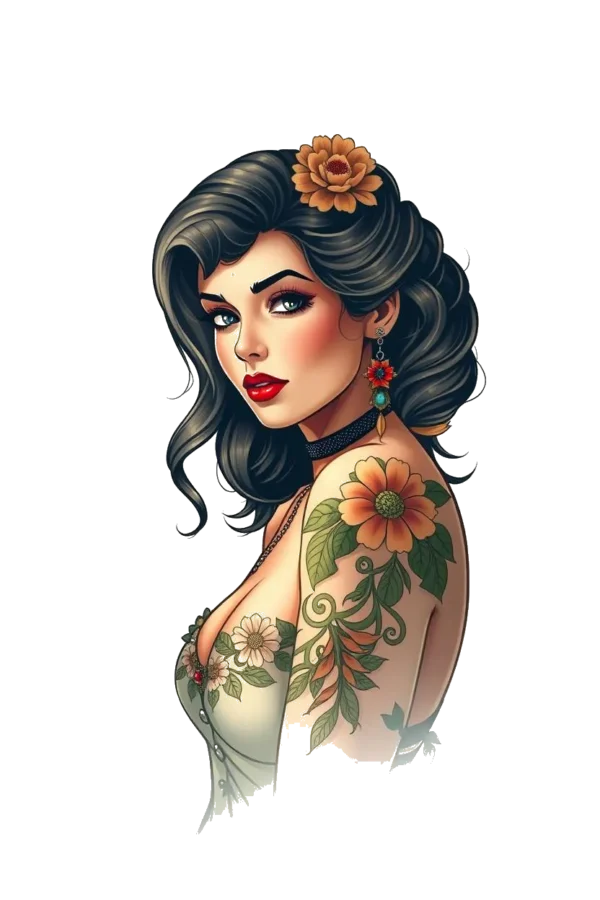 A woman with dark hair in a loose updo, highlighted by a large orange flower, poses in a light-colored floral dress. She has dark eye makeup and burgundy lips, complemented by a black choker necklace. Her bare right arm features a