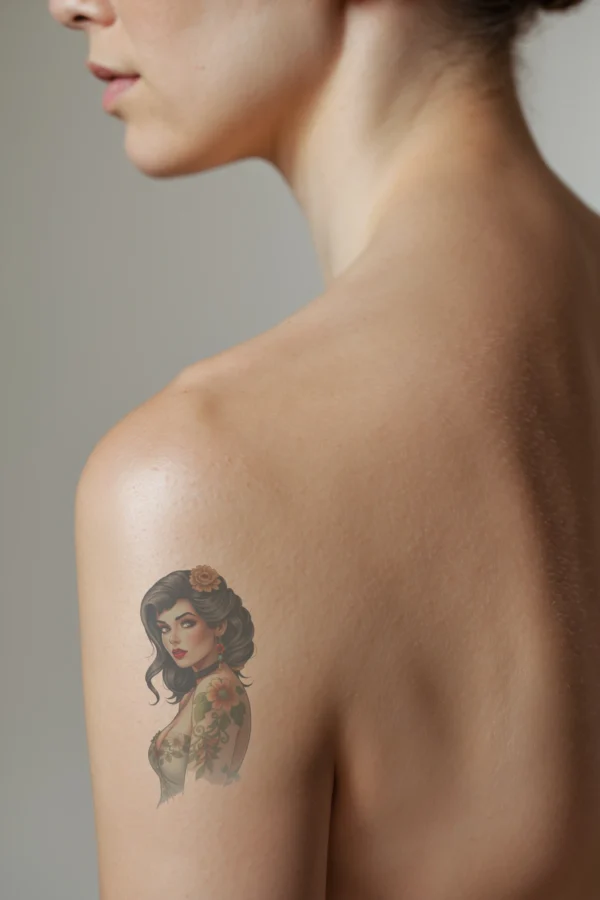 A profile view of a woman with dark hair in a loose updo, featuring a large orange flower temporary tattoo on her bare right shoulder. She wears a light-colored floral-patterned dress and has dark eye makeup and deep burgundy lips. A black ch