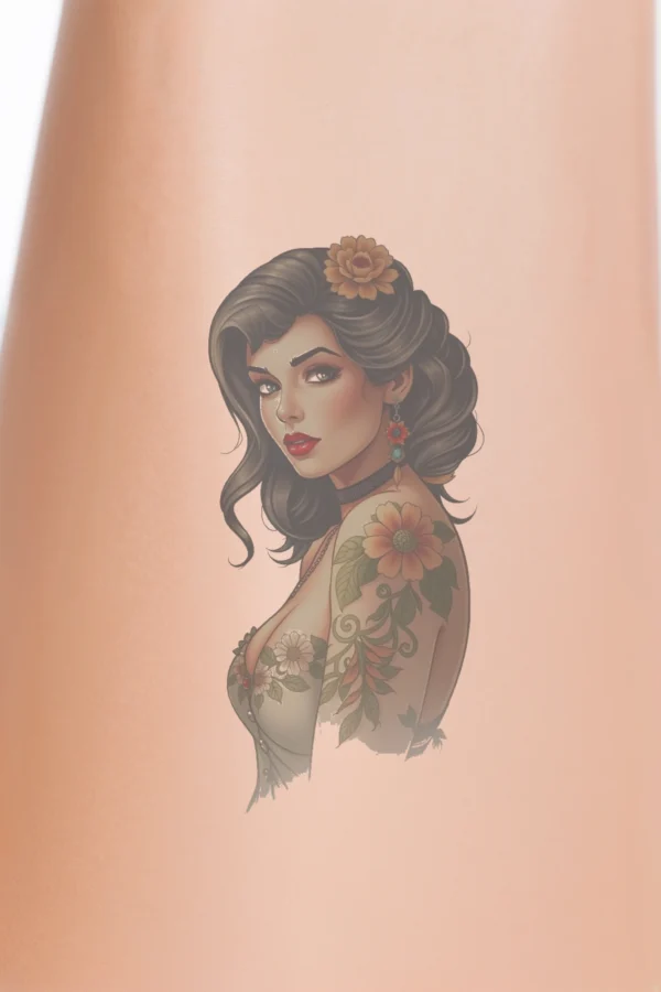 A woman with dark hair styled in a loose updo wears a light-colored floral dress and dark eye makeup. She has a dark red lipstick and a black choker necklace. On her bare right arm, there is a temporary temporary tattoo of a large orange