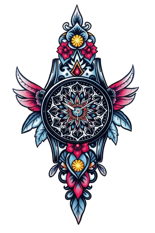 A temporary temporary tattoo design featuring a central black clock face with a gold or yellow center, surrounded by intricate wings and floral elements. The clock is adorned with detailed patterns, including floral and geometric motifs, all set against a white background. The symmetrical composition highlights