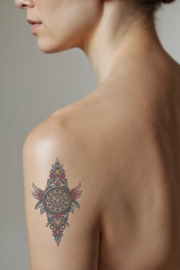 A detailed temporary temporary tattoo on a person’s shoulder features a central clock face surrounded by intricate wings and floral patterns. The clock is primarily black with a gold or yellow center and black hands, adorned with geometric and floral motifs. The symmetrical design is set against