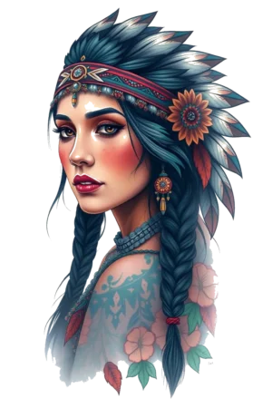 A temporary tattoo design featuring a woman with dark hair in two braids, wearing a feather headdress. She has a striking necklace with a red and gold pendant, while her face is accentuated with red and pink blush, dark eye makeup, and