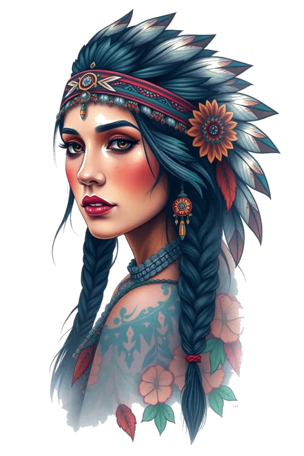A temporary temporary tattoo design featuring a woman with dark hair in two braids, wearing a feather headdress. She has a striking necklace with a red and gold pendant, while her face is accentuated with red and pink blush, dark eye makeup, and