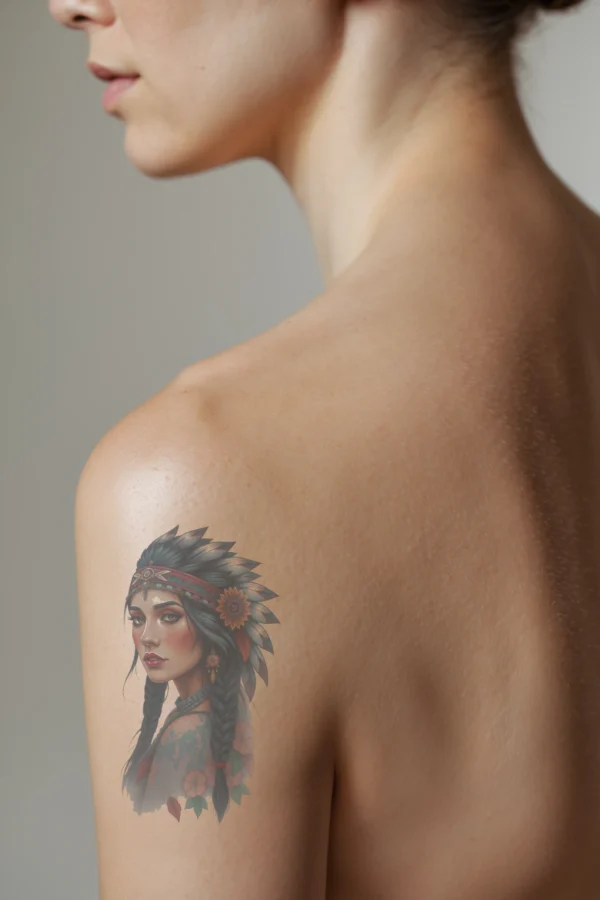 A profile view of a woman with dark hair in two braids, showcasing a detailed temporary temporary tattoo on her left shoulder. The temporary tattoo features a Native American-inspired design with a feather headdress, complemented by a red and gold necklace pendant. Her face exhibits