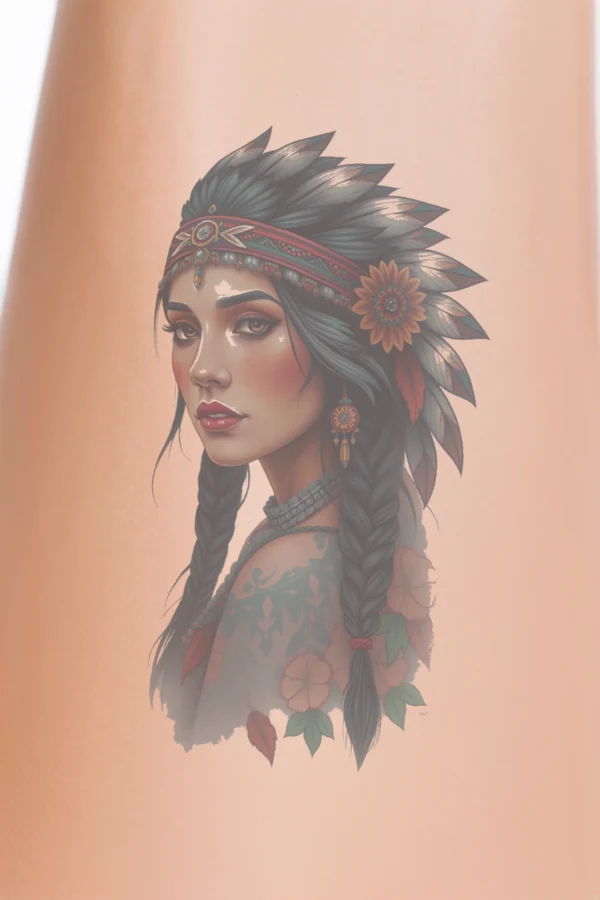 A woman with dark braided hair wears a colorful feather headdress and a red and gold pendant necklace. Her light brown skin is accentuated with red and pink blush, dark eye makeup, and dark burgundy lips. Her shoulders and upper chest are visible