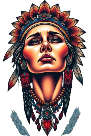 A temporary tattoo design featuring a serious portrait of a woman with a neutral expression. She wears a vibrant headdress adorned with a sunburst pattern in orange and red, set against a dark blue/black base. The woman has dark hair pulled back,