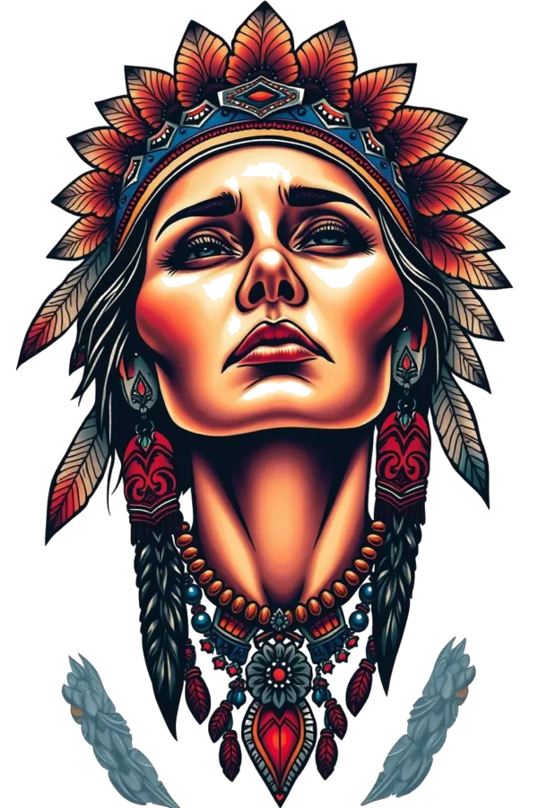 A temporary temporary tattoo design featuring a serious portrait of a woman with a neutral expression. She wears a vibrant headdress adorned with a sunburst pattern in orange and red, set against a dark blue/black base. The woman has dark hair pulled back,