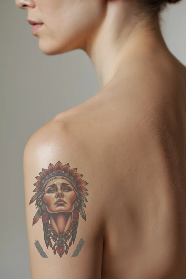Temporary temporary tattoo of a profile view of a woman with a serious expression on her shoulder. She wears a striking headdress with a sunburst pattern in vibrant orange and red against a dark blue/black base. The focal point is her neutral face, complemented