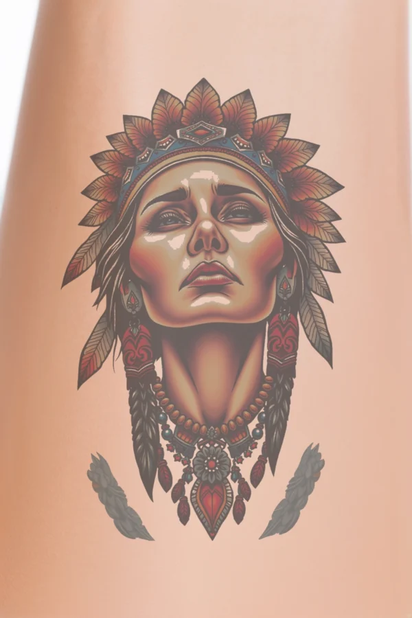 Temporary temporary tattoo design featuring a portrait of a woman with a serious expression. She has dark hair pulled back, wearing a dark headband or tiara, and is adorned with a headdress showcasing a sunburst pattern in vibrant shades of orange and red against