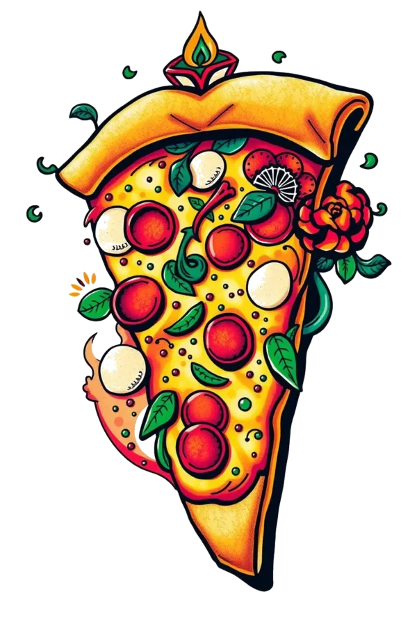 Vibrant temporary temporary tattoo design featuring a tilted slice of pizza against a white background. The pizza is topped with pepperoni, mushrooms, and a red rose, arranged attractively on a golden-brown crust with creamy white sauce. A decorative element resembling