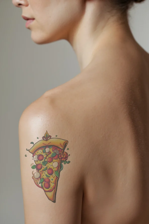 A vibrant temporary temporary tattoo on a person's shoulder features a detailed illustration of a tilted slice of pizza against a white background. The slice, topped with a golden-brown crust and creamy white sauce, is adorned with pepperoni, mushrooms, and a red rose