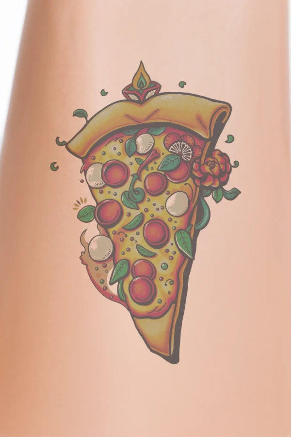A colorful temporary temporary tattoo design featuring a vibrant slice of pizza on a white background. The pizza, tilted for dynamism, is topped with pepperoni, mushrooms, and a red rose, complemented by a golden-brown crust and creamy white sauce. The