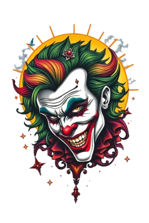 A vibrant temporary tattoo design featuring a joker's face, illustrated in a traditional tattoo style. The joker has a bright red nose, green hair, and a wide, playful grin, with intense, expressive eyes. The face is surrounded by a bold sun