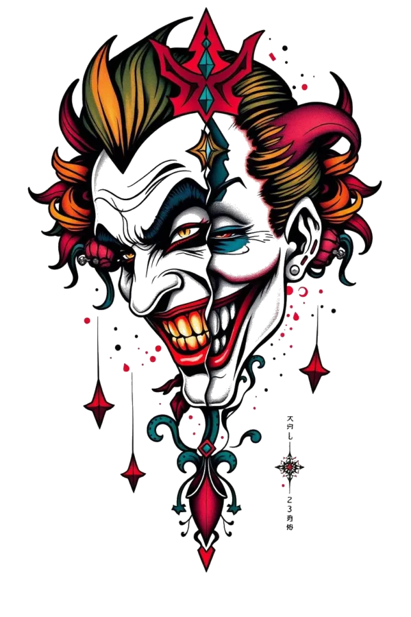 A temporary temporary tattoo design featuring a striking face split into two halves. The left half showcases a menacing expression in vibrant red, black, and white tones, while the right half displays a cheerful smile in contrasting blue and white. The face is adorned with