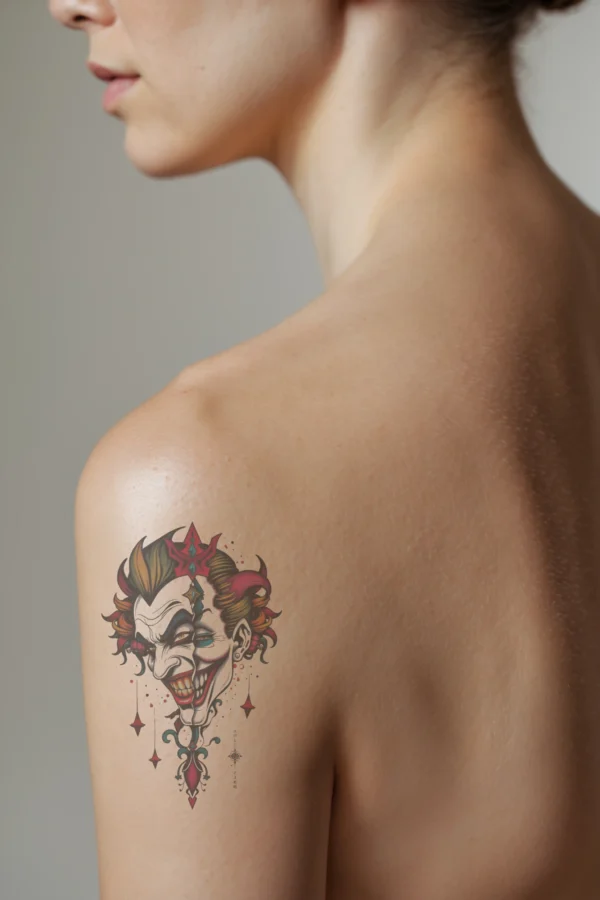A profile view of a person showcasing a temporary temporary tattoo on their shoulder. The temporary tattoo features a striking half-and-half face design: the left side is vibrant red, black, and white with a menacing expression, while the right side displays a blue and