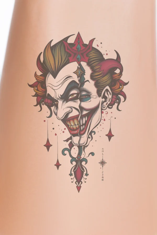 Illustration of a face split into two halves: the left side features a bold red, black, and white design with a fierce expression, while the right side showcases a cheerful blue and white design with a smiling face. The forehead is adorned with a