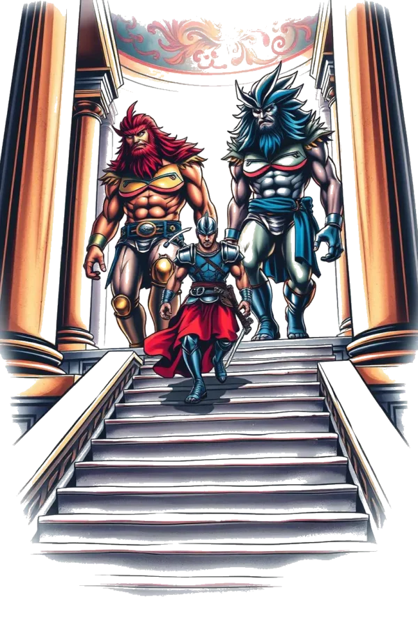 A temporary temporary tattoo design featuring a grand interior scene with a domed ceiling and ornate columns. The focal point is a stone staircase with a white railing leading to a platform. Three muscular, bearded men ascend the staircase: on the left, a man