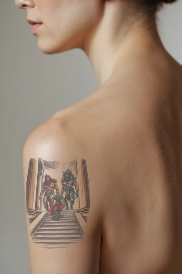 Temporary temporary tattoo depicting a fantastical scene on a shoulder, featuring a detailed design of a grand interior with a domed ceiling and ornate columns. Central to the temporary tattoo is a stone staircase with a white railing, ascending to a platform where three muscular, be