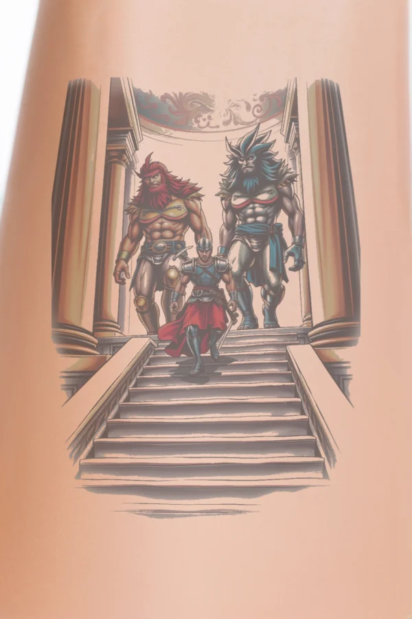 A temporary temporary tattoo design featuring a grand, ornate interior with a domed ceiling and decorative walls. A stone staircase with a white railing leads to a platform where three muscular, bearded men are positioned. The man on the left has red hair and wears