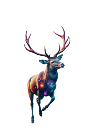 A vibrant temporary tattoo featuring a majestic deer in mid-stride. The deer is adorned with a cosmic design in shades of blue, purple, and pink, resembling a nebula. Its head is turned to the left, showcasing detailed antlers, while